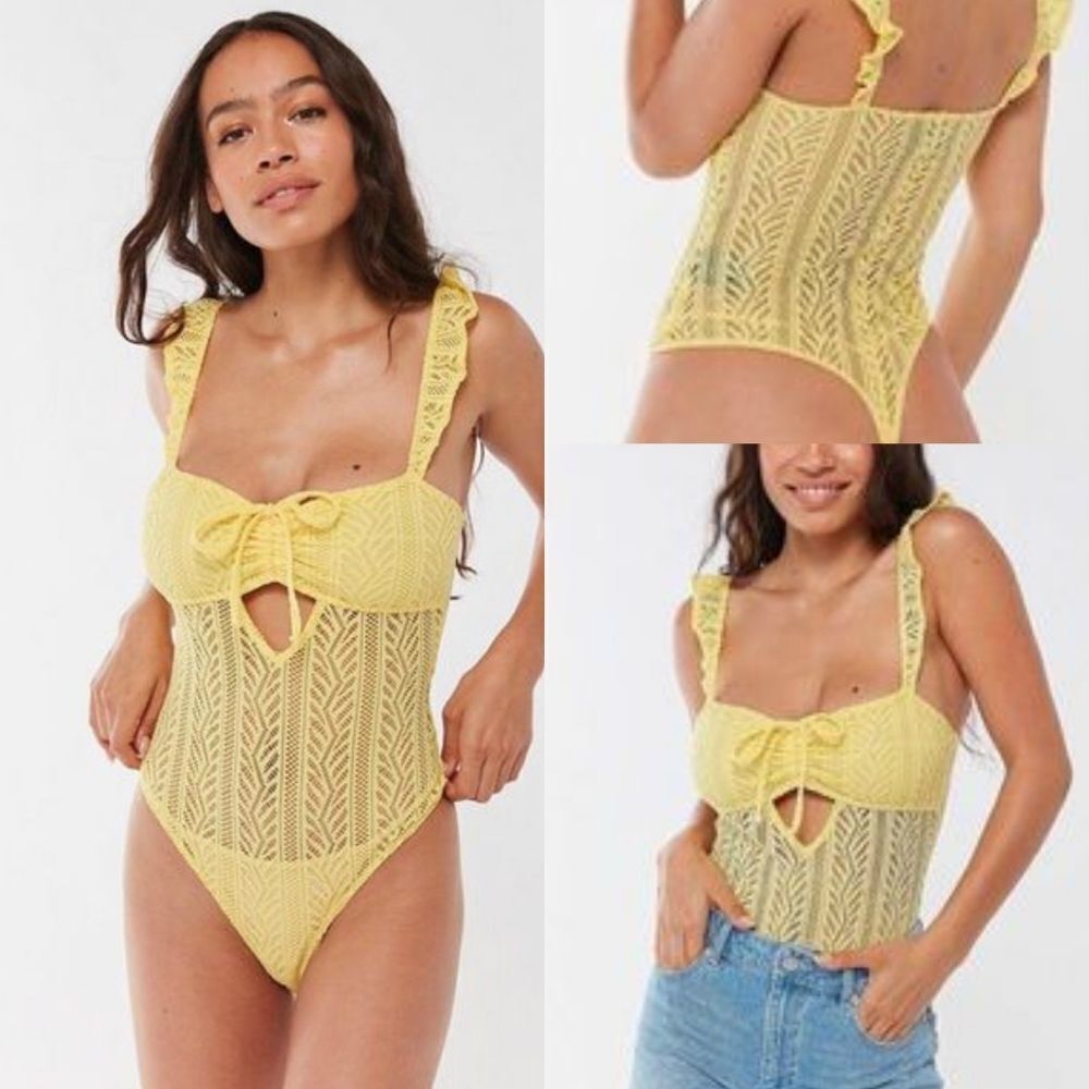 URBAN Outfitters Out From Under Cameron Yellow Crochet Cutout Bodysuit Medium - Picture 1 of 12